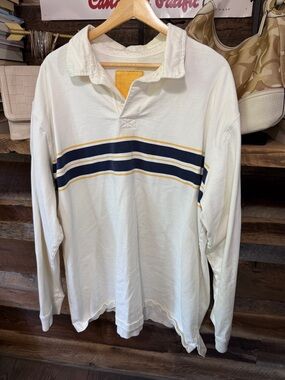 VINTAGE L.L. Bean White Rugby Polo with Navy & Gold Stripes